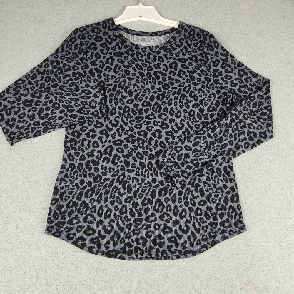 No Boundaries Top Women XL Gray Black Leopard Print Ribbed Long Sleeve Crew Neck